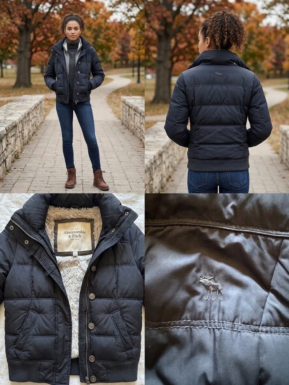 Abercrombie & Fitch Down Puffer Jacket Women Small Navy Fleece Lined Vintage